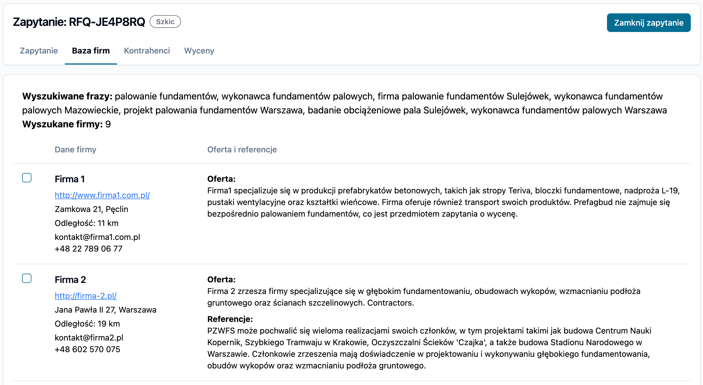 Wyszukiwanie dostawców